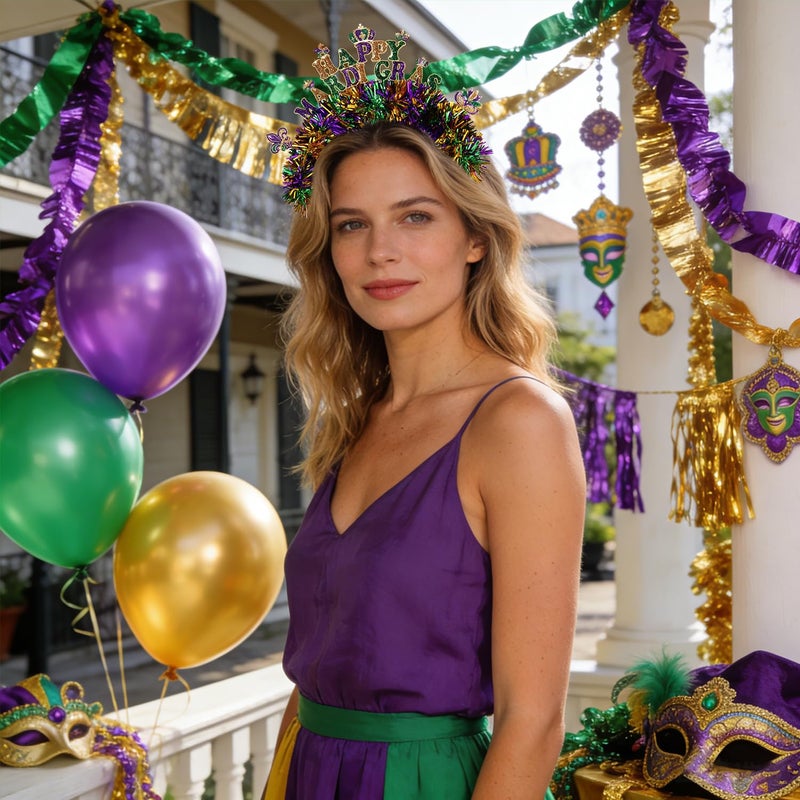 BVGA Mardi Gras Headband for Women Metal Tinsel Wrapped Glitter Mask Fleur De Lis Headpiece Mardi Gras Carnival Parade Party Decorations Outfits Gifts for Fat Tuesday - Image 3